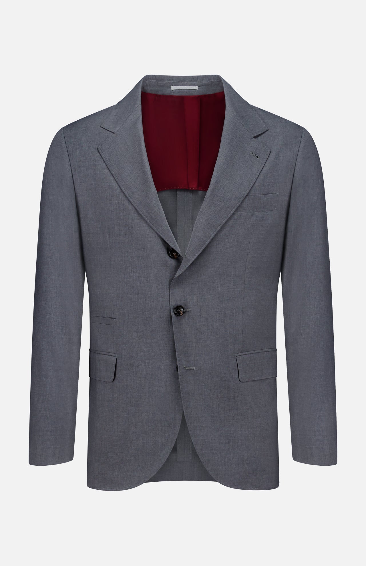Introducing the BRUNELLO CUCINELLI Wool and Silk Travel Blazer, a versatile travel jacket in grey, expertly crafted from a luxurious blend of wool and silk. This single-breasted blazer features two buttons, notched lapels, flap pockets, and a striking burgundy lining, elegantly presented against a plain white background.