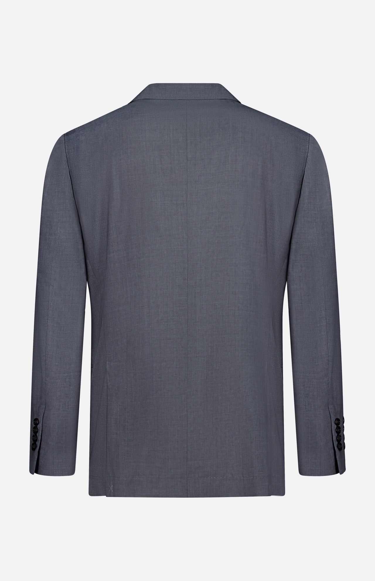 The BRUNELLO CUCINELLI Wool and Silk Travel Blazer is displayed from the back, showcasing its gray single-breasted design, long sleeves, and black cuff buttons against a plain white background. Crafted from a luxurious blend of wool and silk, this blazer exemplifies classic tailoring and sophistication, ensuring versatile wear for any occasion.