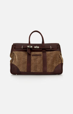 The BRUNELLO CUCINELLI Travel Duffle Bag with Chevron-effect, crafted in large brown leather and tan fabric with silver hardware and a top handle, features a structured rectangular silhouette. Vintage-inspired details exude timeless elegance, beautifully showcased against a plain white background.