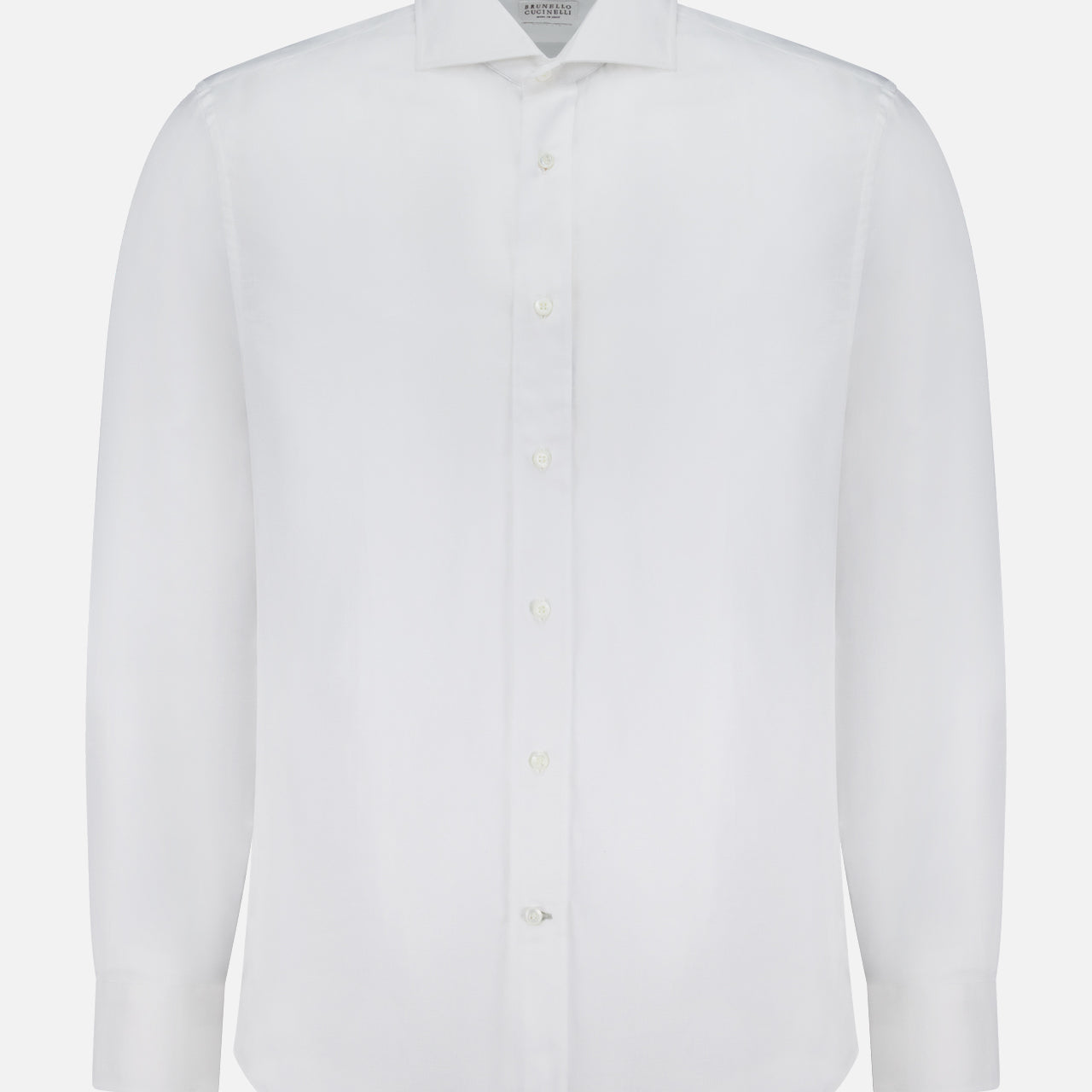 The Twill Melange Dress Shirt by BRUNELLO CUCINELLI is a white, long-sleeve button-up with a classic collar, crafted from a comfortable cotton-linen blend and shown against a white background.