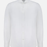 The Twill Melange Dress Shirt by BRUNELLO CUCINELLI is a white, long-sleeve button-up with a classic collar, crafted from a comfortable cotton-linen blend and shown against a white background.