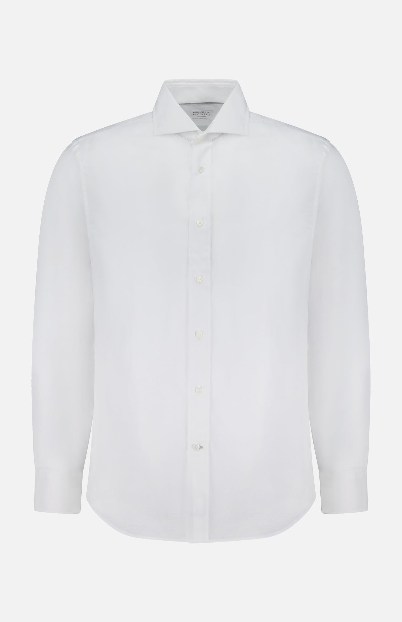 The Twill Melange Dress Shirt by BRUNELLO CUCINELLI is a white, long-sleeve button-up with a classic collar, crafted from a comfortable cotton-linen blend and shown against a white background.
