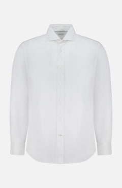 The Twill Melange Dress Shirt by BRUNELLO CUCINELLI is a white, long-sleeve button-up with a classic collar, crafted from a comfortable cotton-linen blend and shown against a white background.