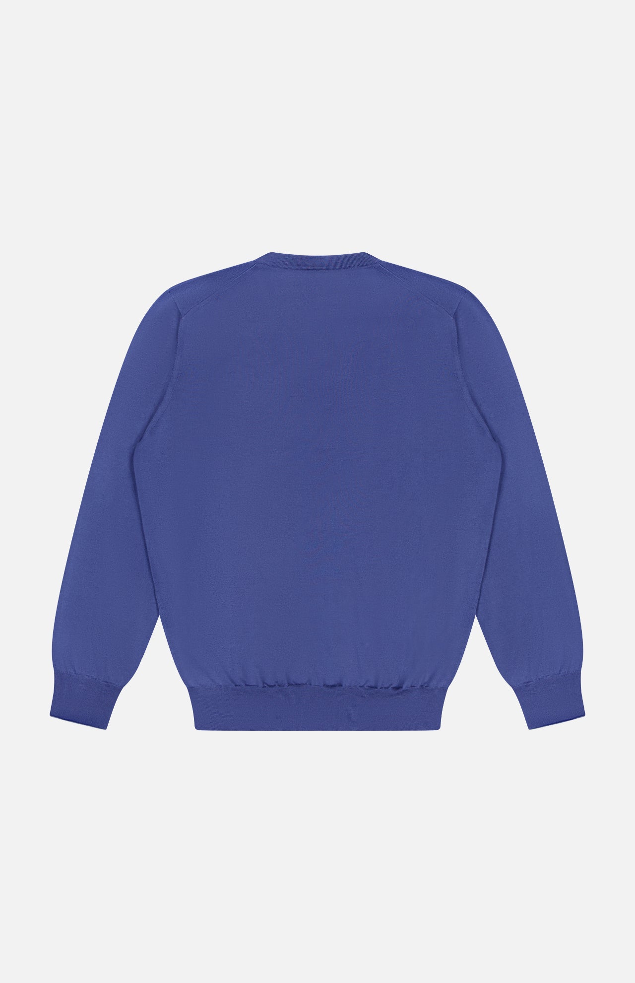 The BRUNELLO CUCINELLI V-Neck Wool Cashmere Sweater is displayed from the back against a white background. Inspired by a classic men's v-neck style, this blue sweater features ribbed cuffs and waistband for a comfortable fit.