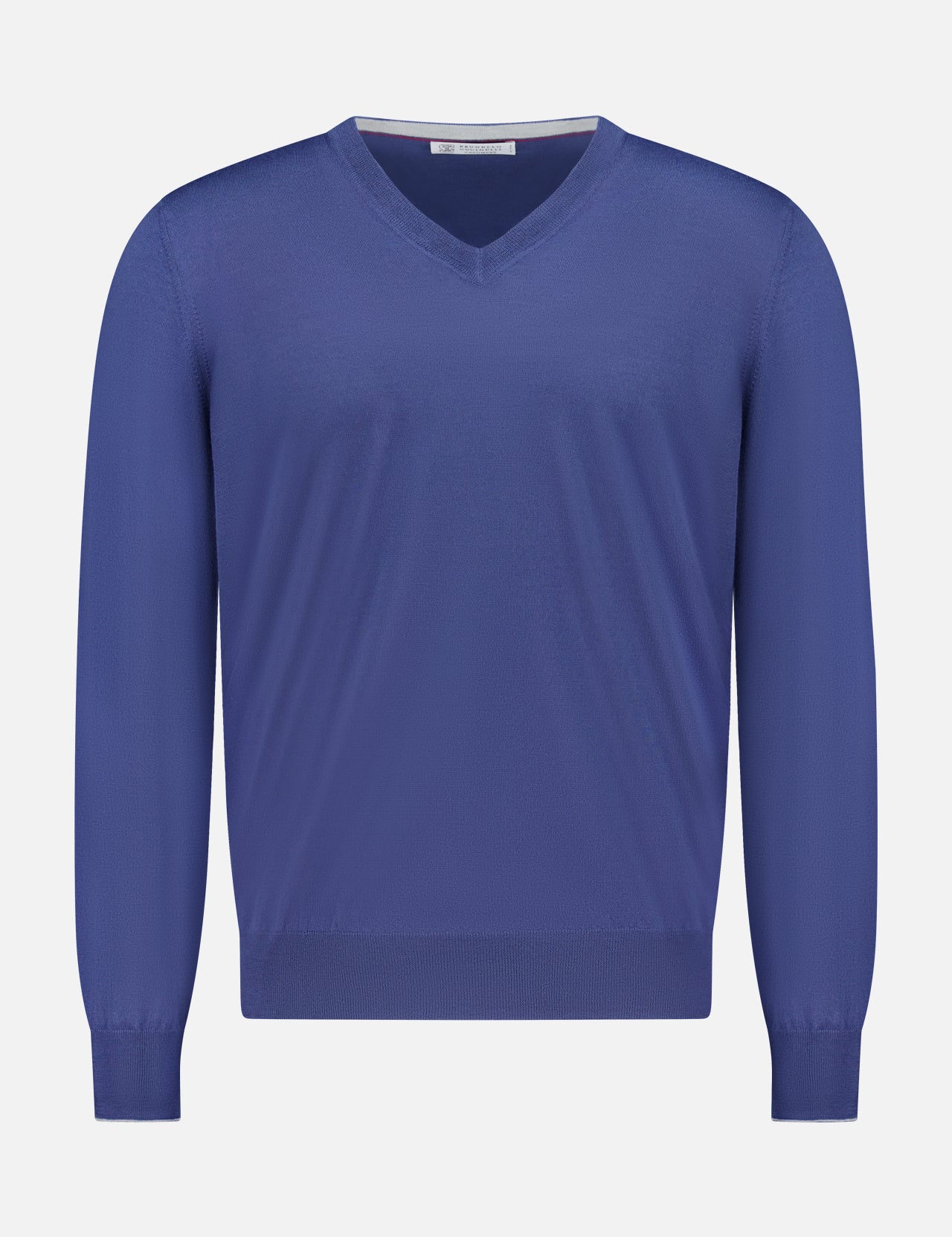 The BRUNELLO CUCINELLI V-Neck Wool Cashmere Sweater for men, featuring long sleeves in a blue hue, is displayed against a white background.