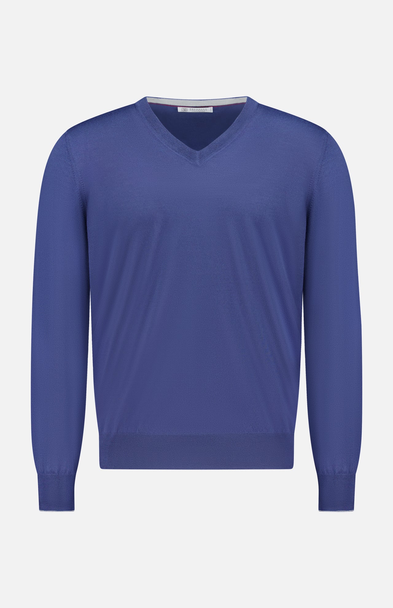 The BRUNELLO CUCINELLI V-Neck Wool Cashmere Sweater for men, featuring long sleeves in a blue hue, is displayed against a white background.
