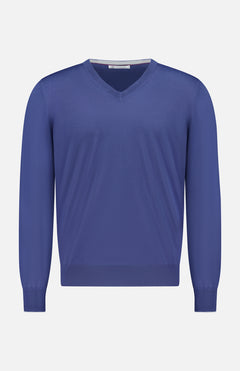 The BRUNELLO CUCINELLI V-Neck Wool Cashmere Sweater for men, featuring long sleeves in a blue hue, is displayed against a white background.