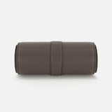 A cylindrical, brown BRUNELLO CUCINELLI Leather Watch Case—ideal as a leather watch holder or sophisticated travel accessory—is displayed lying horizontally on a white background. The case boasts a smooth texture and minimalistic design, accented by a central seam.