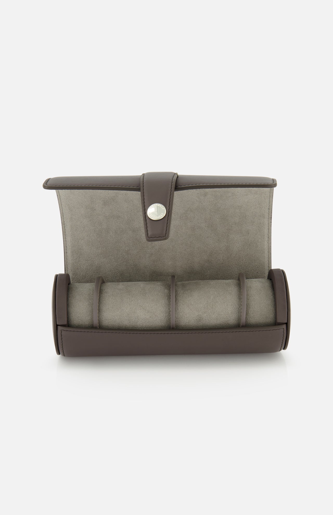 The BRUNELLO CUCINELLI Leather Watch Case features gray suede and dark brown leather with a secure snap closure. Opened, it reveals a cushion designed to hold multiple watches, making this elegant accessory an essential addition to your travel collection. Shown against a white background.