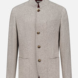 BRUNELLO CUCINELLI Water Resistant Cashmere Sport Jacket in light gray herringbone, featuring a mandarin collar, four front buttons, two large front pockets, and one chest pocket, made in Italy and displayed on a white background.