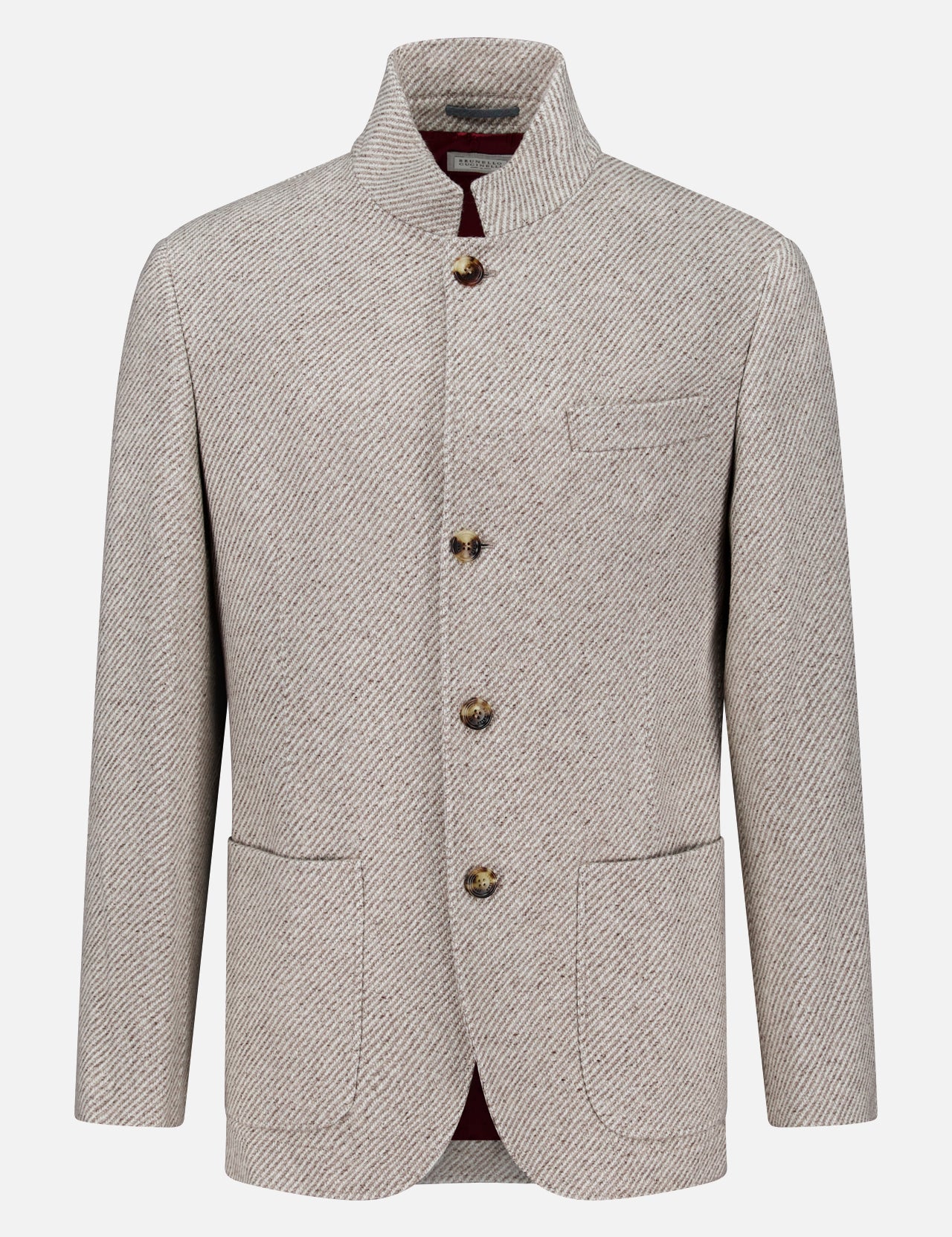 BRUNELLO CUCINELLI Water Resistant Cashmere Sport Jacket in light gray herringbone, featuring a mandarin collar, four front buttons, two large front pockets, and one chest pocket, made in Italy and displayed on a white background.