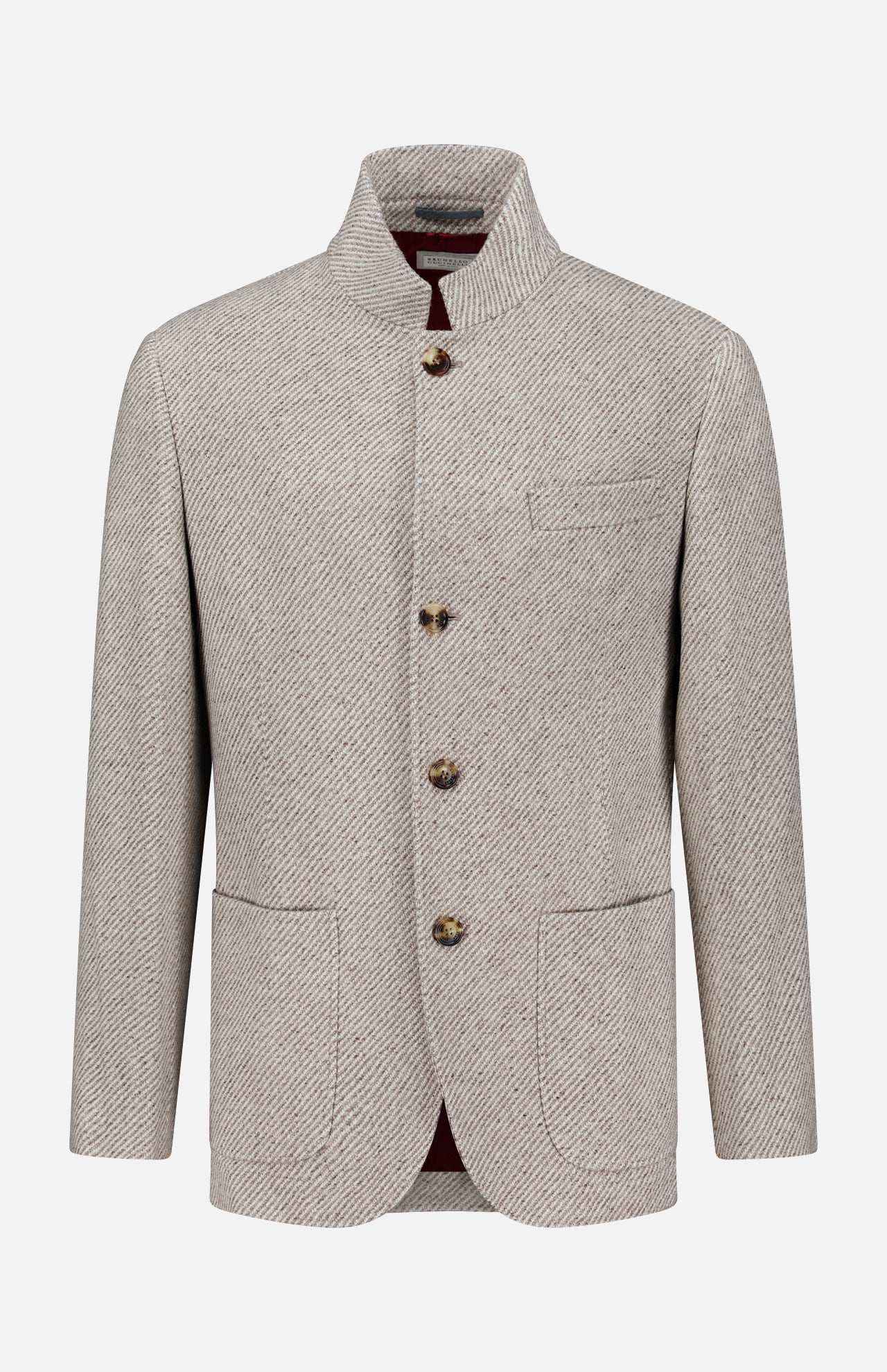 BRUNELLO CUCINELLI Water Resistant Cashmere Sport Jacket in light gray herringbone, featuring a mandarin collar, four front buttons, two large front pockets, and one chest pocket, made in Italy and displayed on a white background.