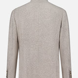 Back view of the BRUNELLO CUCINELLI Water Resistant Cashmere Sport Jacket in light beige herringbone, featuring long sleeves with buttoned cuffs and a straight hem, luxuriously crafted and displayed against a plain white background.