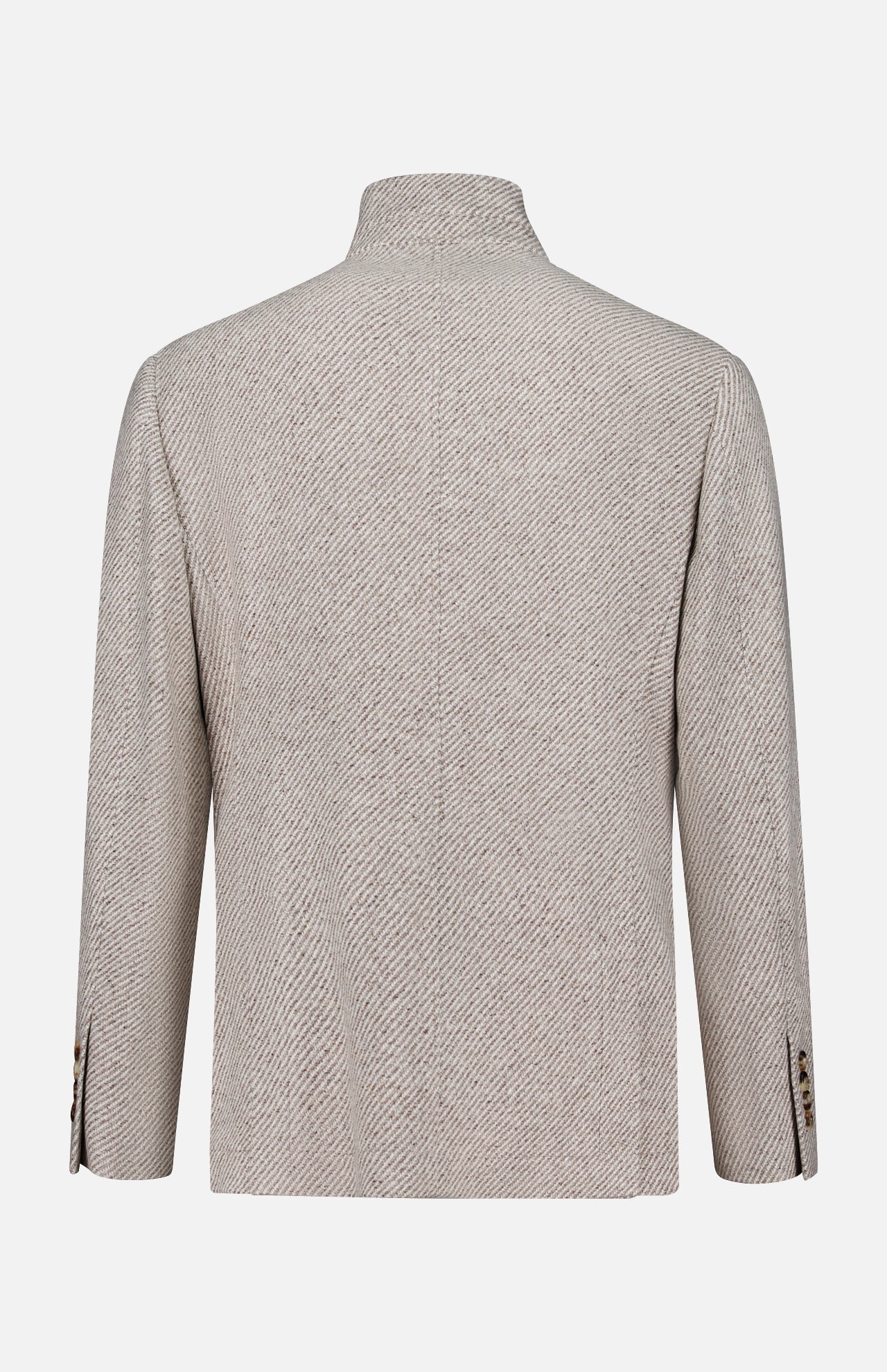 Back view of the BRUNELLO CUCINELLI Water Resistant Cashmere Sport Jacket in light beige herringbone, featuring long sleeves with buttoned cuffs and a straight hem, luxuriously crafted and displayed against a plain white background.