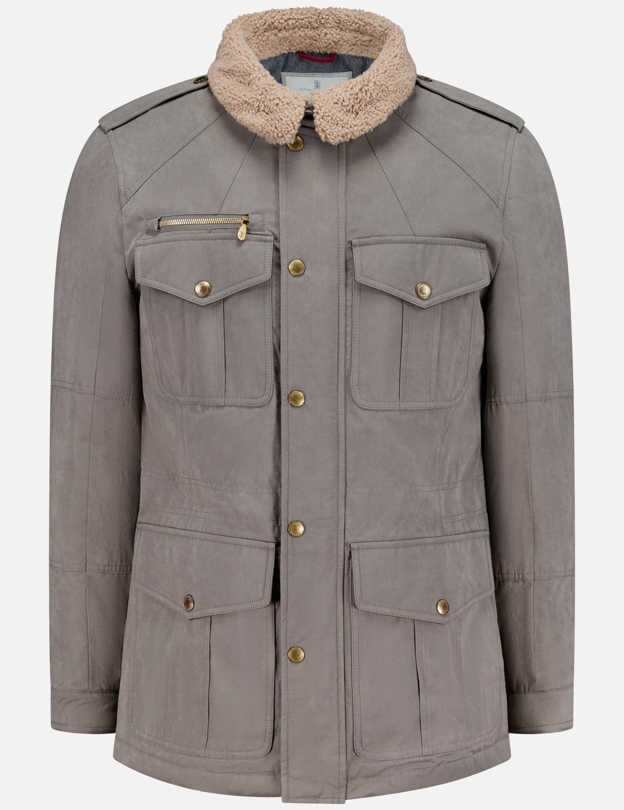 The BRUNELLO CUCINELLI Water Resistant Safari Jacket features a gray design with four front flap pockets, gold buttons, a zippered left chest pocket, shoulder epaulets, and a detachable beige shearling collar. The jacket is shown against a white background.