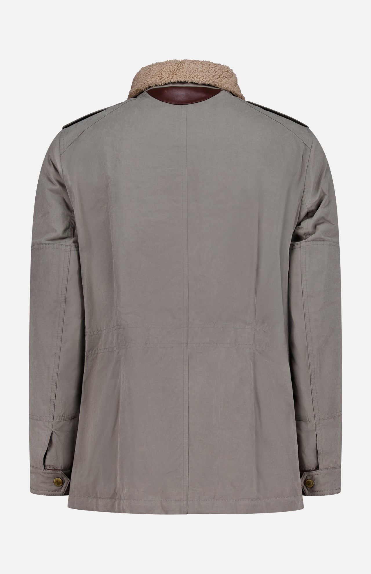 A back view of the BRUNELLO CUCINELLI Water Resistant Safari Jacket in gray, highlighting its brown faux fur detachable shearling collar, buttoned cuffs, shoulder epaulets, and visible stitching details. The jacket is crafted from a durable canvas-like fabric for added versatility.