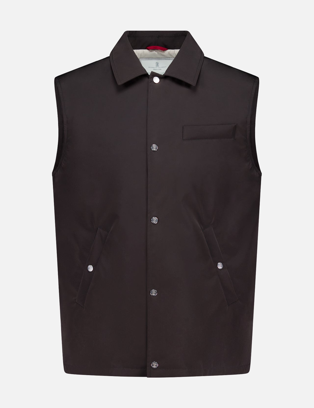 The BRUNELLO CUCINELLI Water Resistant Vest in dark brown features a collar, front snap buttons, two angled side pockets, and a chest pocket, shown on a plain white background.