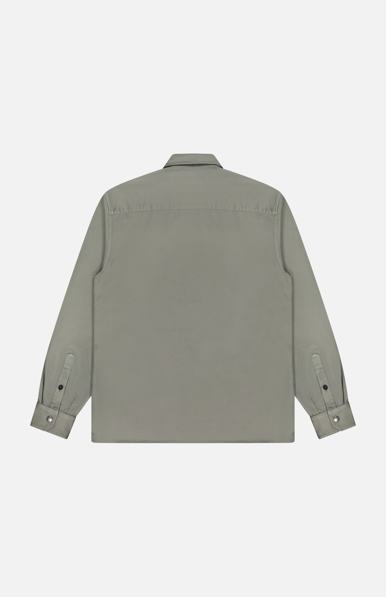 The BRUNELLO CUCINELLI Western Cotton Long Sleeve Shirt is shown from the back in light gray, featuring a collar and buttoned cuffs. Crafted from soft garment-dyed gabardine, it is displayed on a white background.
