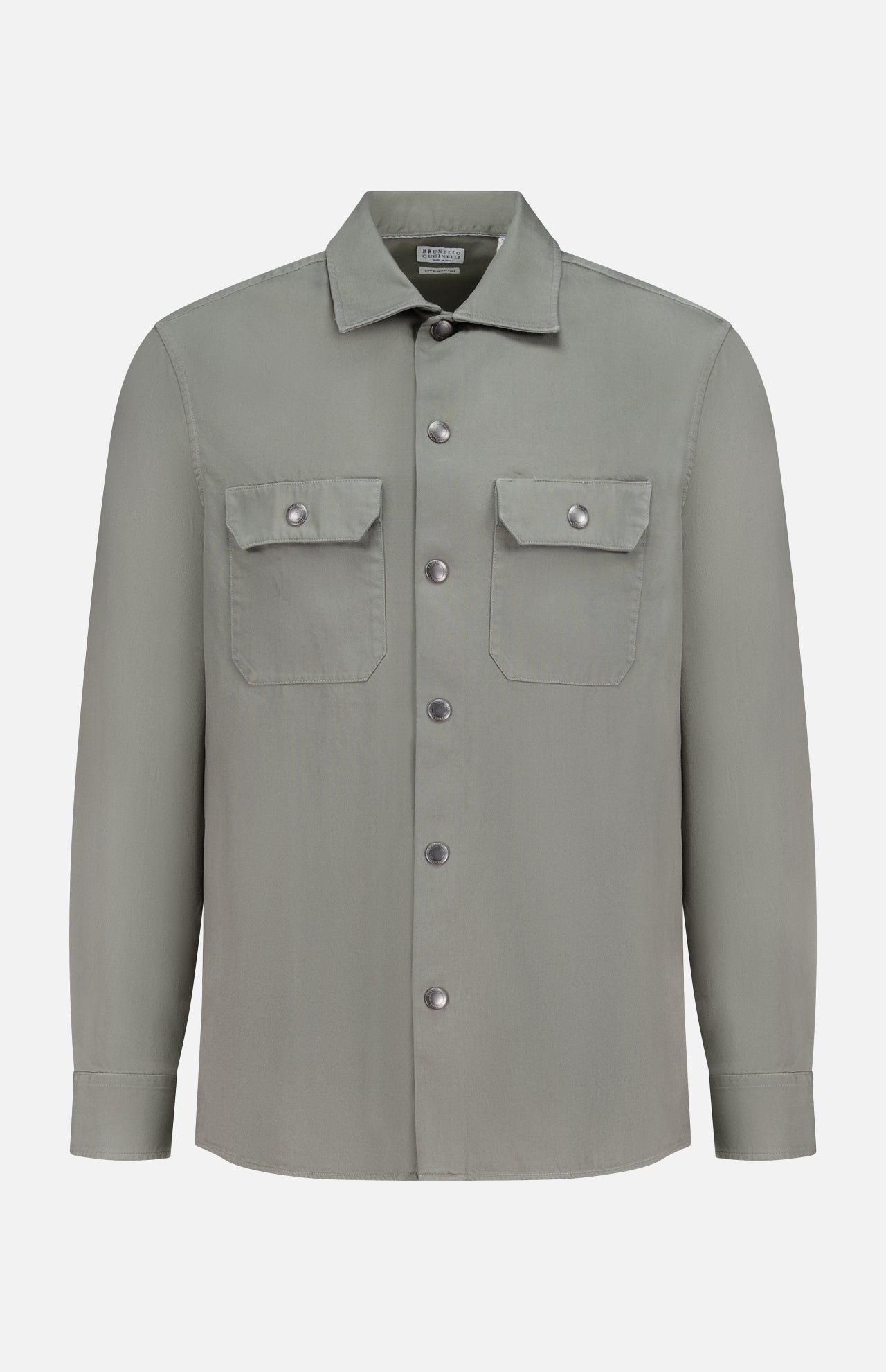 BRUNELLO CUCINELLI Western Cotton Long Sleeve Shirt in light gray, featuring soft garment-dyed gabardine, two front chest pockets, and metal snap buttons, displayed on a plain white background.