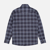 A back view of the BRUNELLO CUCINELLI Western Cotton Plaid Shirt, a men’s long-sleeve button-up in blue and gray plaid, is displayed laid flat on a white background.