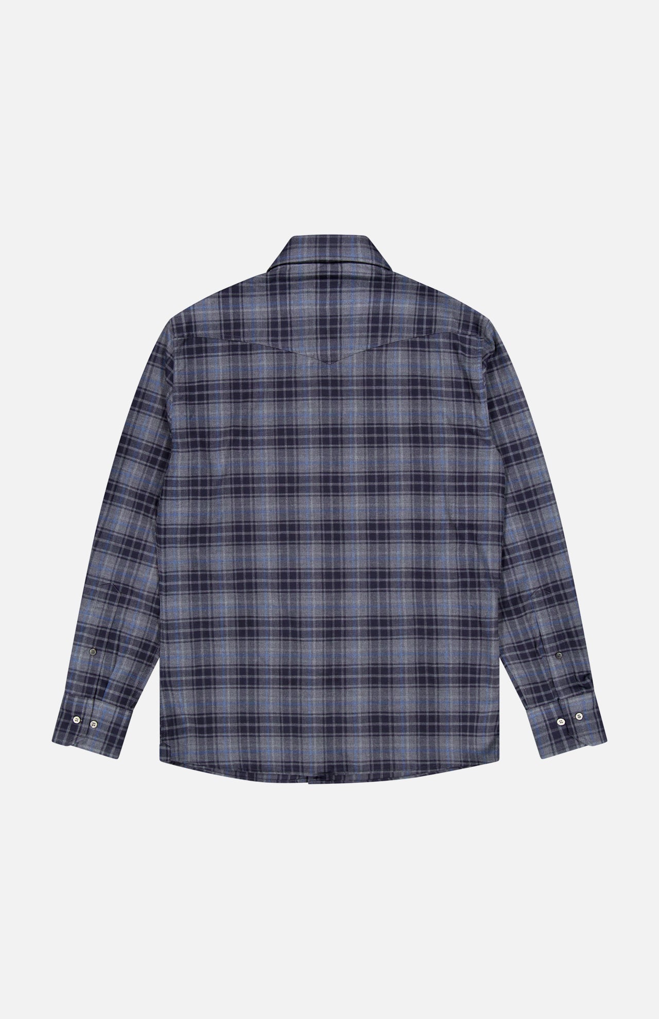 A back view of the BRUNELLO CUCINELLI Western Cotton Plaid Shirt, a men’s long-sleeve button-up in blue and gray plaid, is displayed laid flat on a white background.