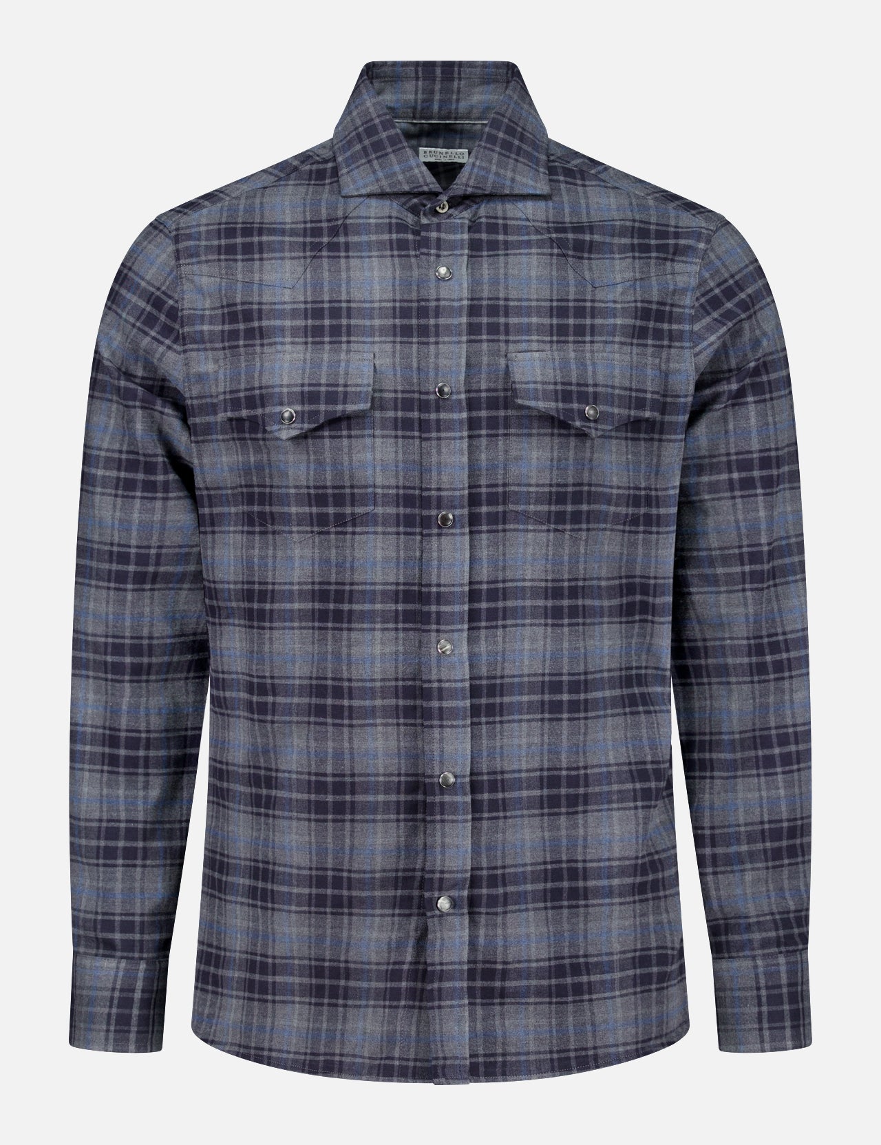 The BRUNELLO CUCINELLI Western Cotton Plaid Shirt is a men’s long-sleeve button-up featuring a blue and gray plaid pattern, two chest pockets with flaps, and a classic collar, displayed on a plain white background.
