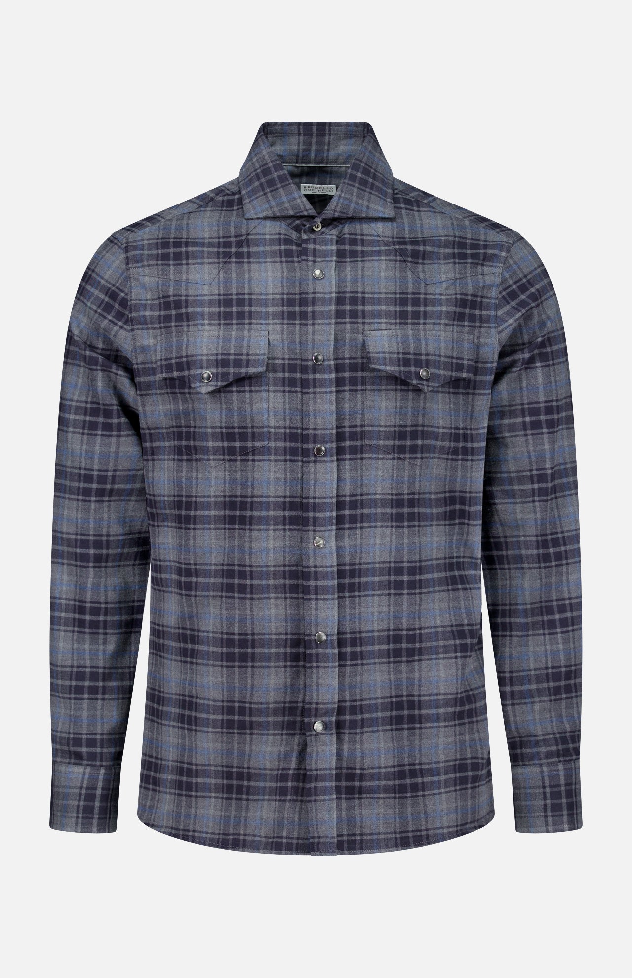 The BRUNELLO CUCINELLI Western Cotton Plaid Shirt is a men’s long-sleeve button-up featuring a blue and gray plaid pattern, two chest pockets with flaps, and a classic collar, displayed on a plain white background.