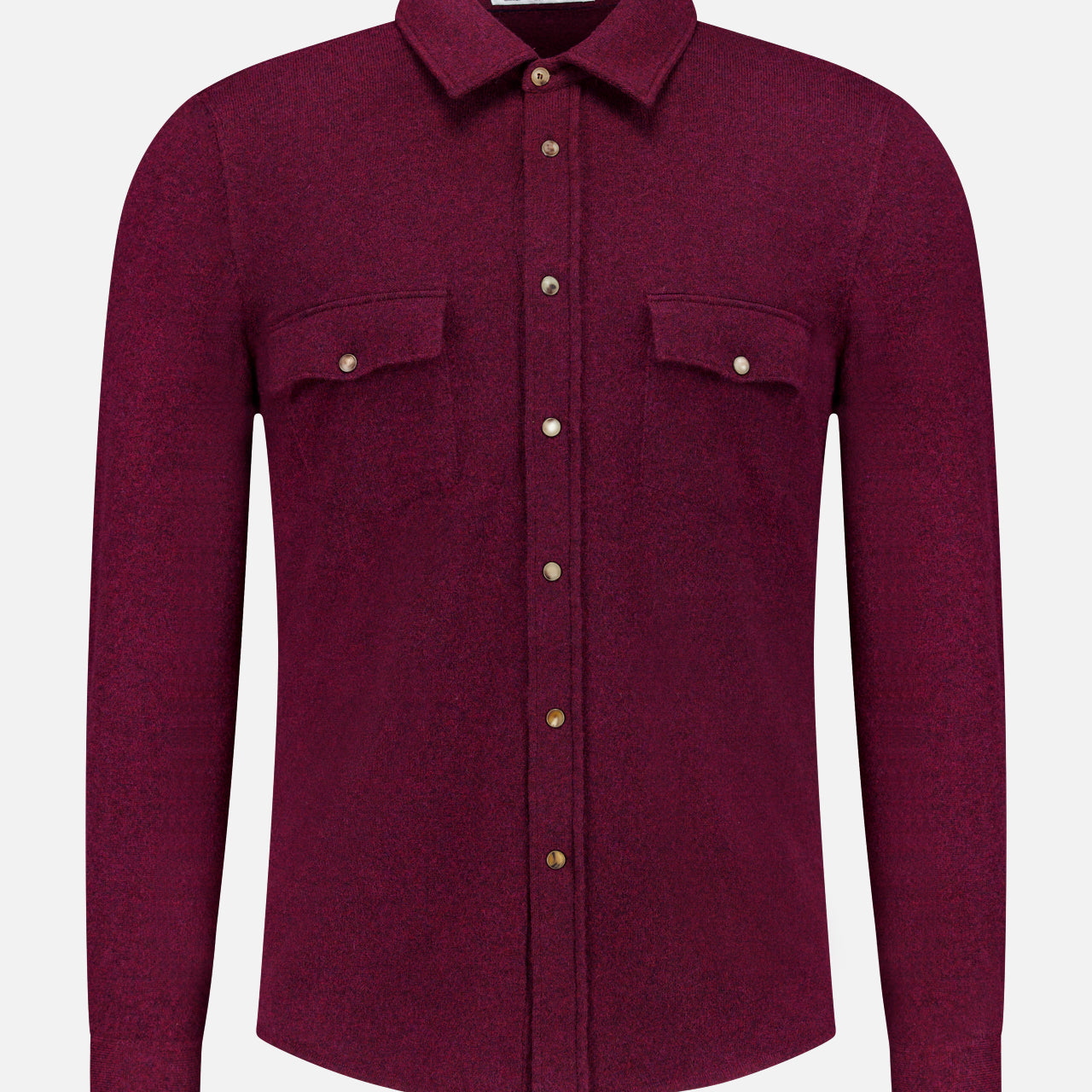 A maroon Snap-front Western Overshirt by BRUNELLO CUCINELLI, featuring long sleeves, a classic collar, and brown snap buttons down the front. The luxury Italian design includes two chest pockets, each secured with a snap button. Photographed against a plain white background.