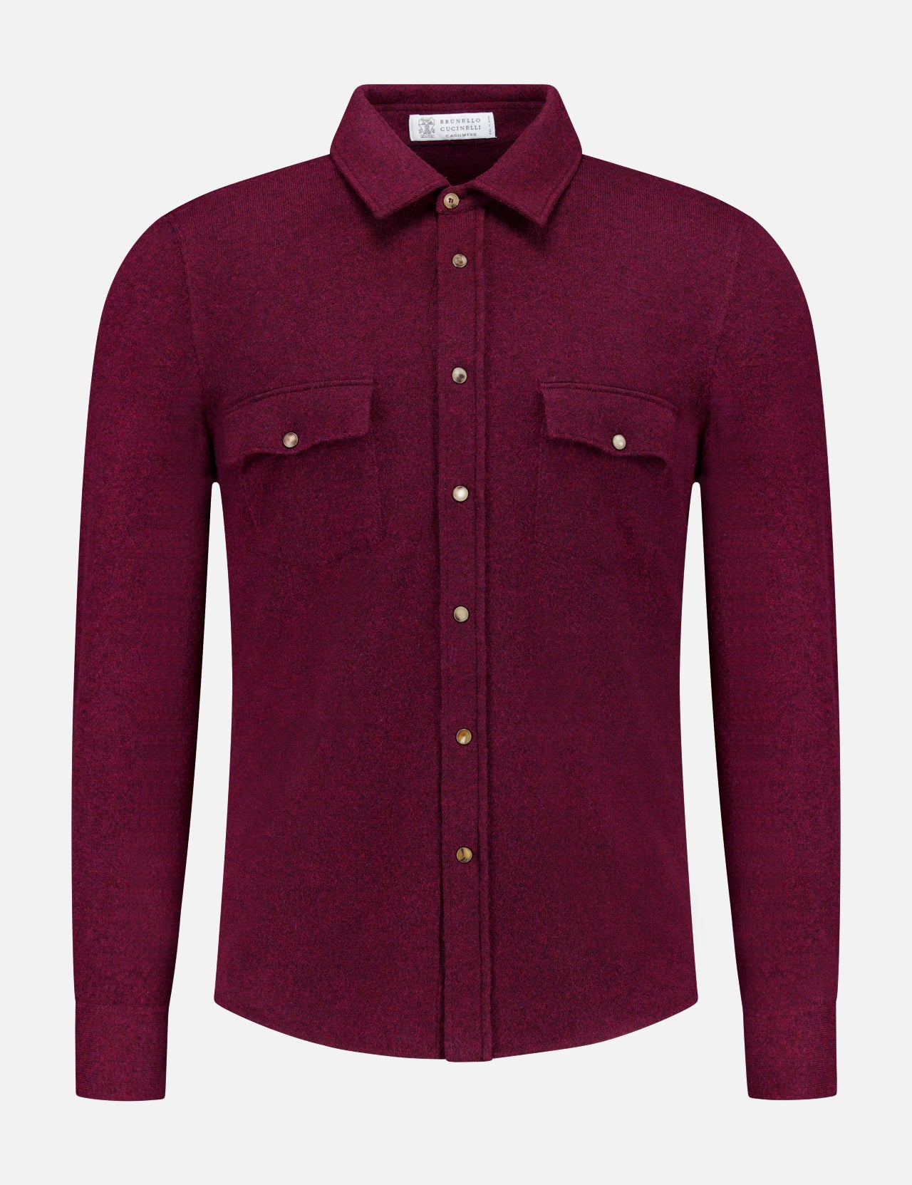 A maroon Snap-front Western Overshirt by BRUNELLO CUCINELLI, featuring long sleeves, a classic collar, and brown snap buttons down the front. The luxury Italian design includes two chest pockets, each secured with a snap button. Photographed against a plain white background.