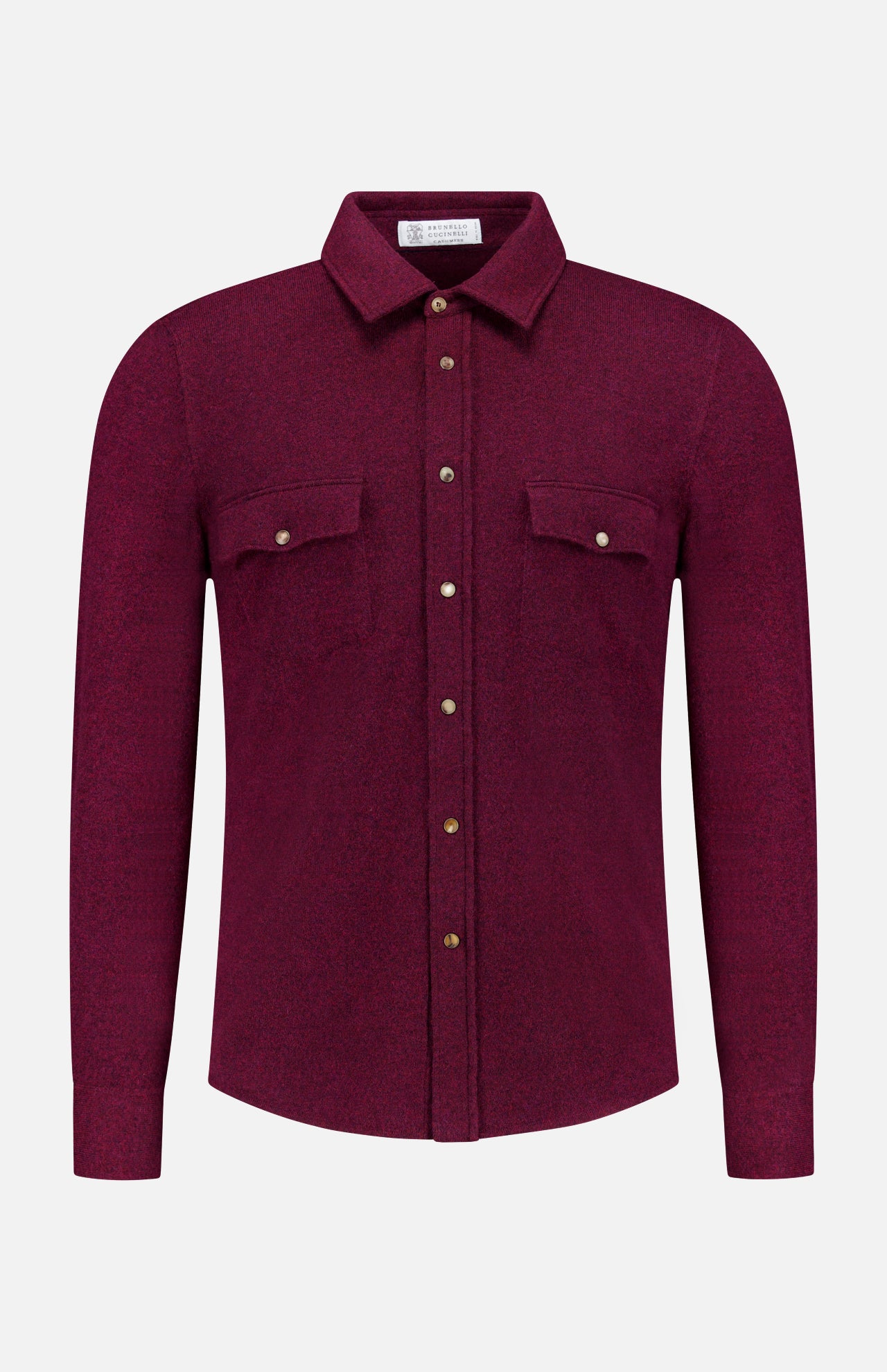 A maroon Snap-front Western Overshirt by BRUNELLO CUCINELLI, featuring long sleeves, a classic collar, and brown snap buttons down the front. The luxury Italian design includes two chest pockets, each secured with a snap button. Photographed against a plain white background.