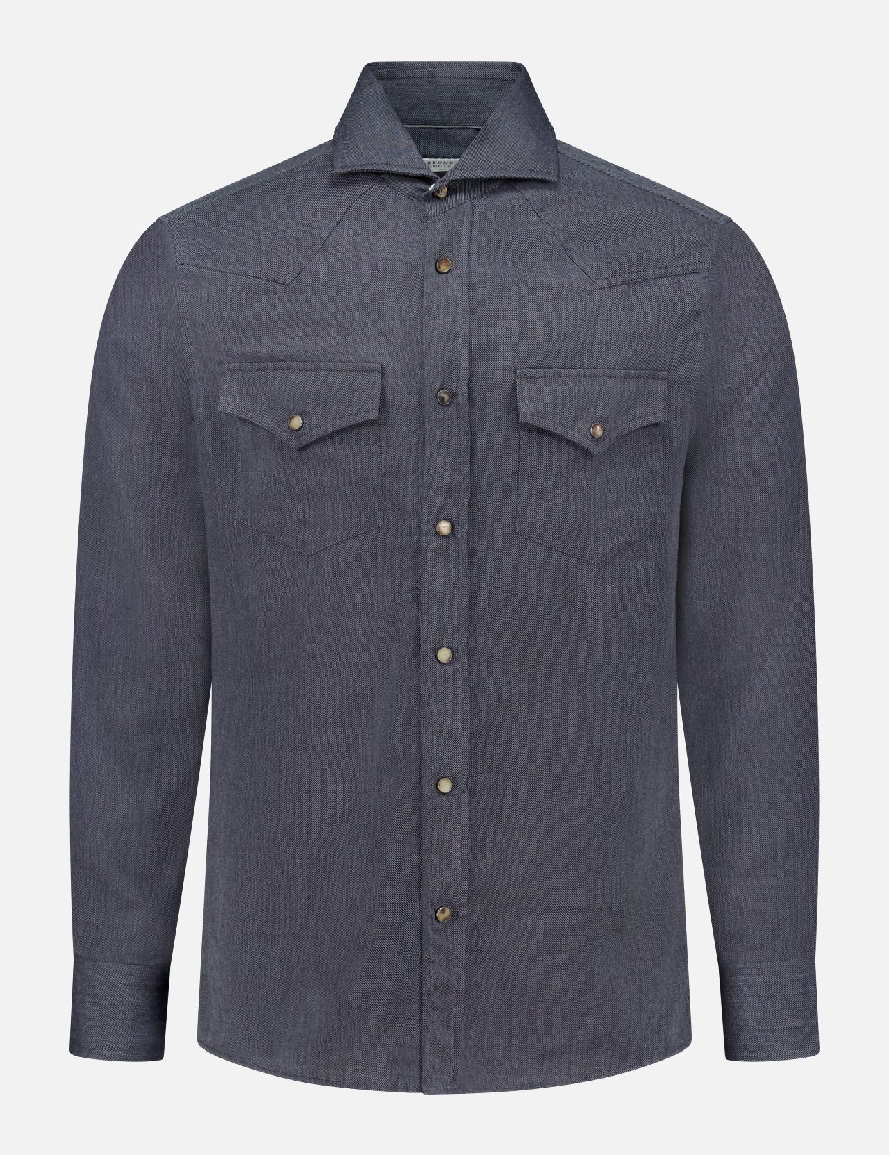 The BRUNELLO CUCINELLI Western Snap-front Shirt is a long-sleeve, button-up shirt crafted from dark blue denim, featuring two chest pockets with pointed flaps, and is displayed against a plain white background.
