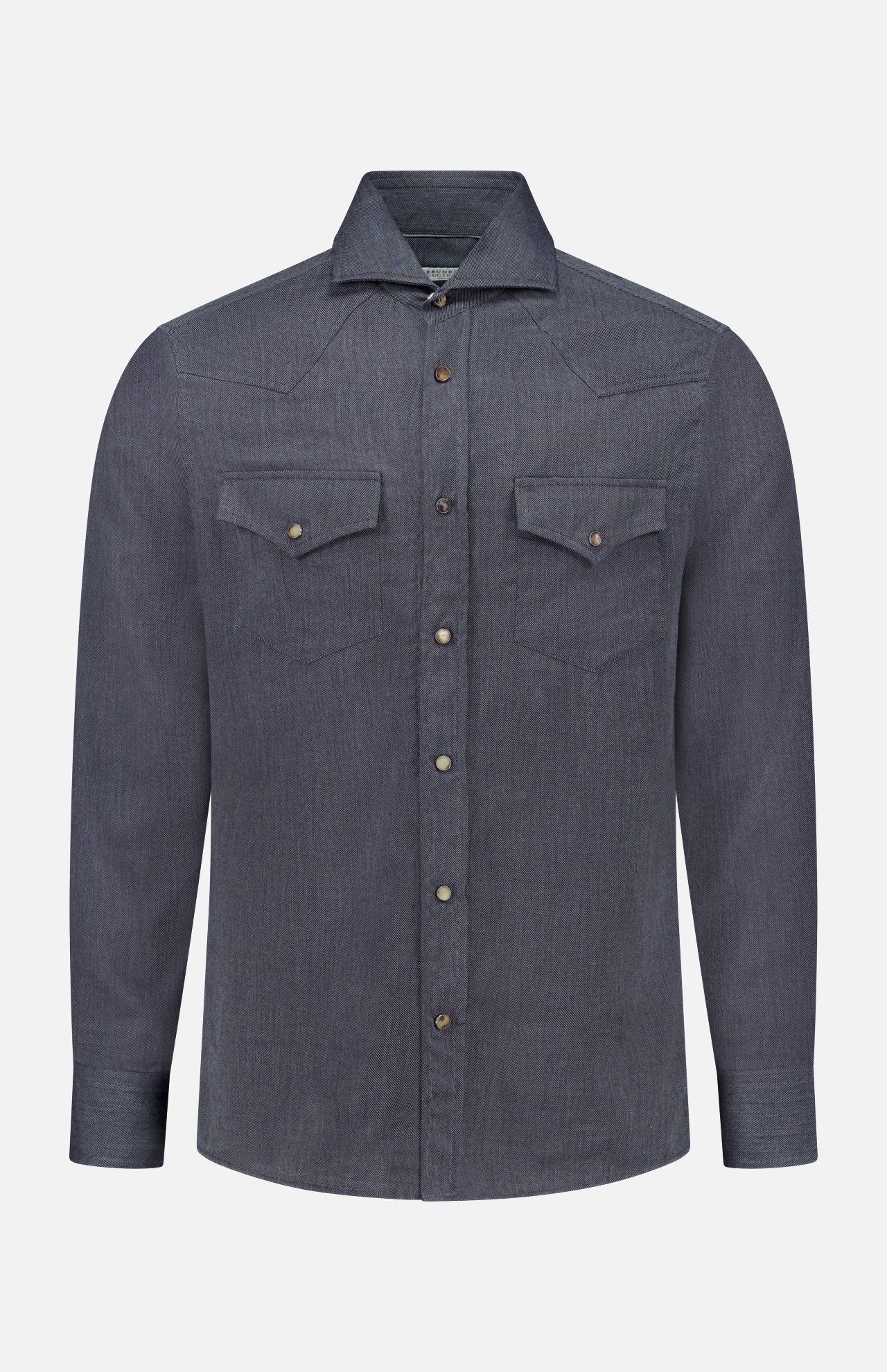 The BRUNELLO CUCINELLI Western Snap-front Shirt is a long-sleeve, button-up shirt crafted from dark blue denim, featuring two chest pockets with pointed flaps, and is displayed against a plain white background.
