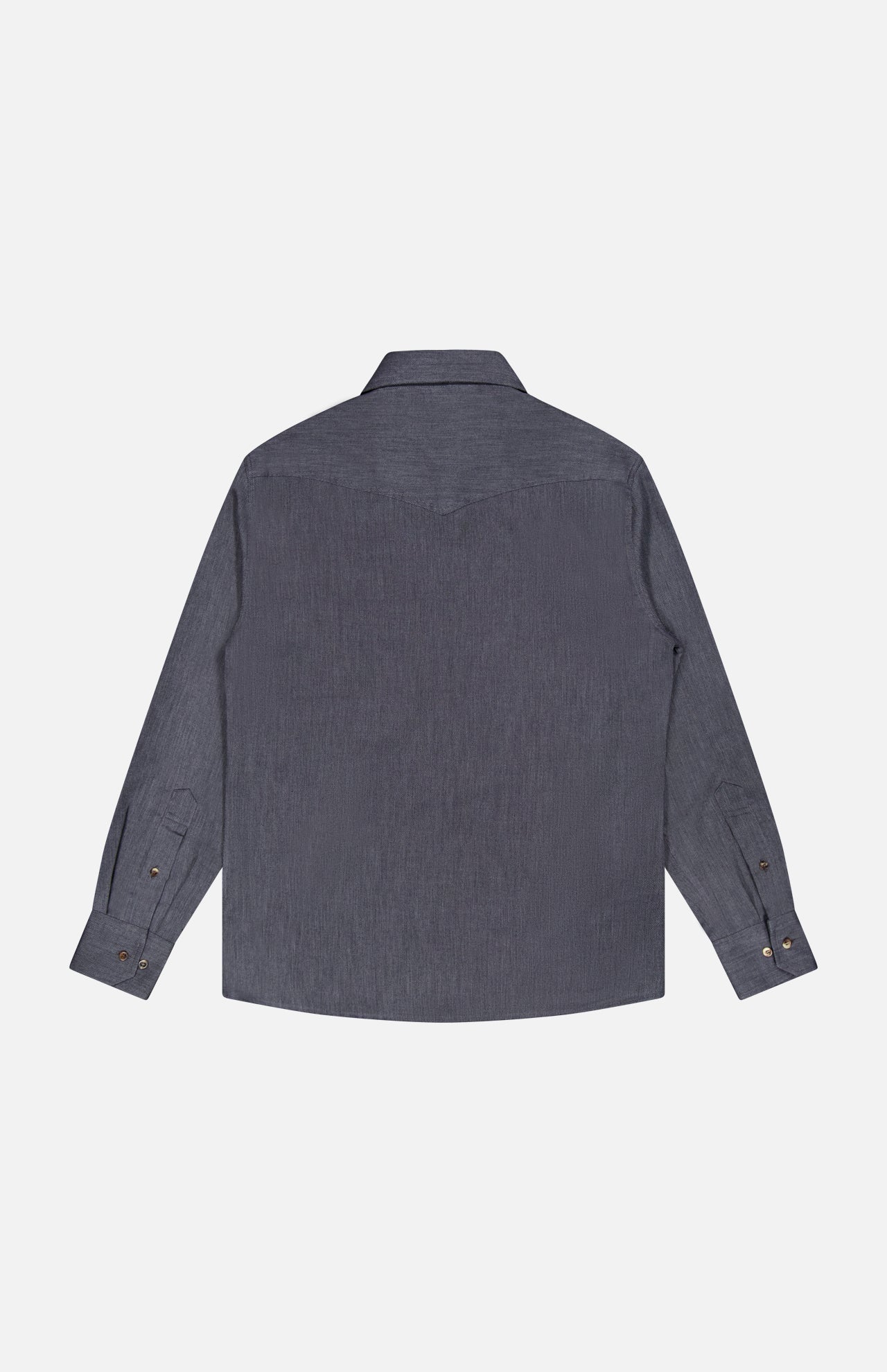 A long-sleeved BRUNELLO CUCINELLI Western Snap-front Shirt in dark grey is shown laid flat with the back facing up, featuring a simple design with buttoned cuffs and no visible patterns or embellishments.