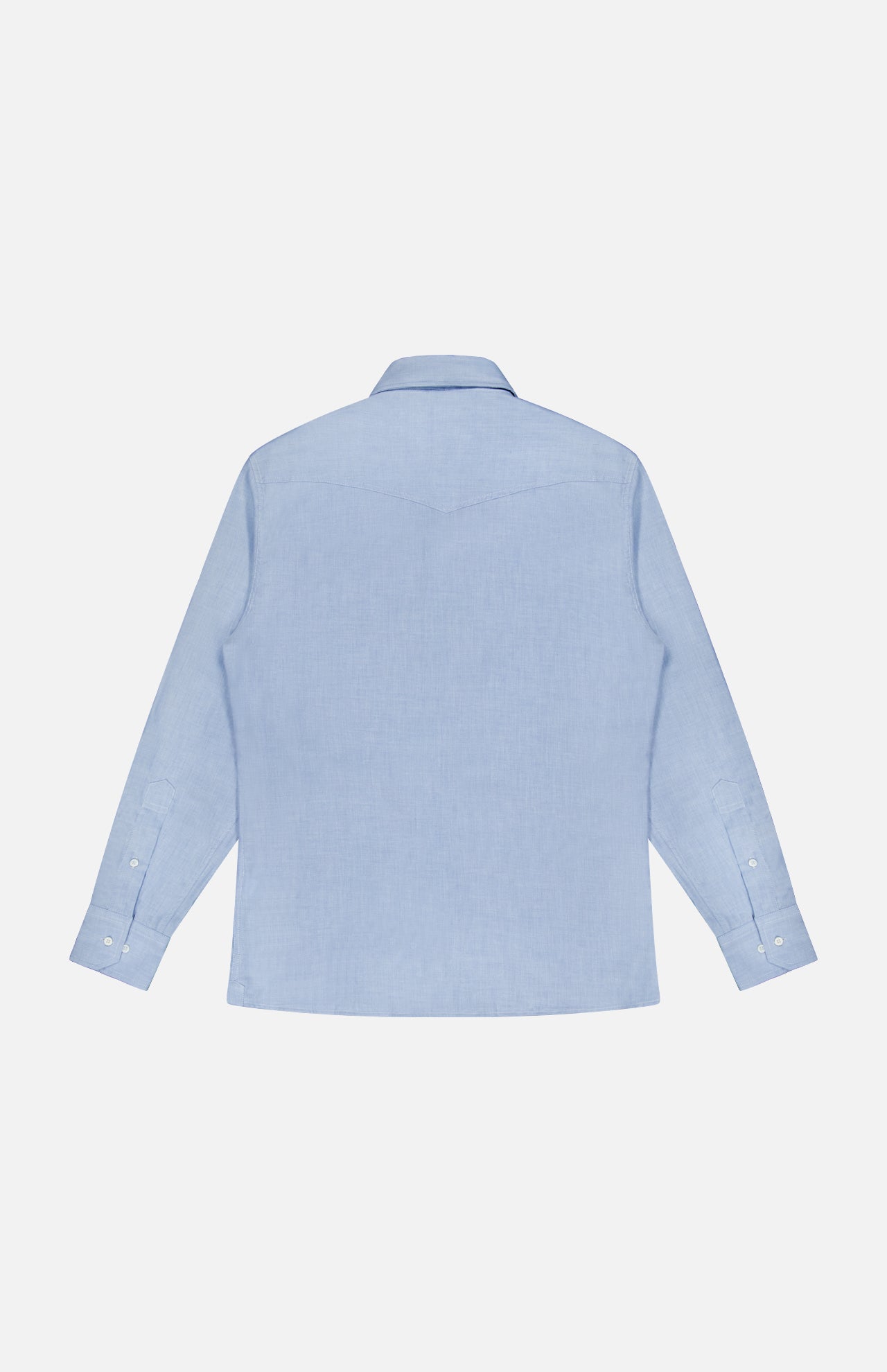 A light blue Cotton and Cashmere Western Shirt by BRUNELLO CUCINELLI is shown from the back, featuring a pointed yoke and buttoned cuffs for a subtle nod to classic western wear, laid flat on a white background.