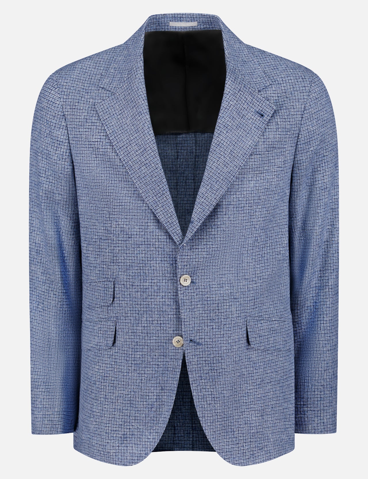 The BRUNELLO CUCINELLI Micro-Check Silk Blend Sportcoat, in light blue with two buttons, notched lapels, and multiple pockets, displayed on a white background—showcasing refined Italian elegance.