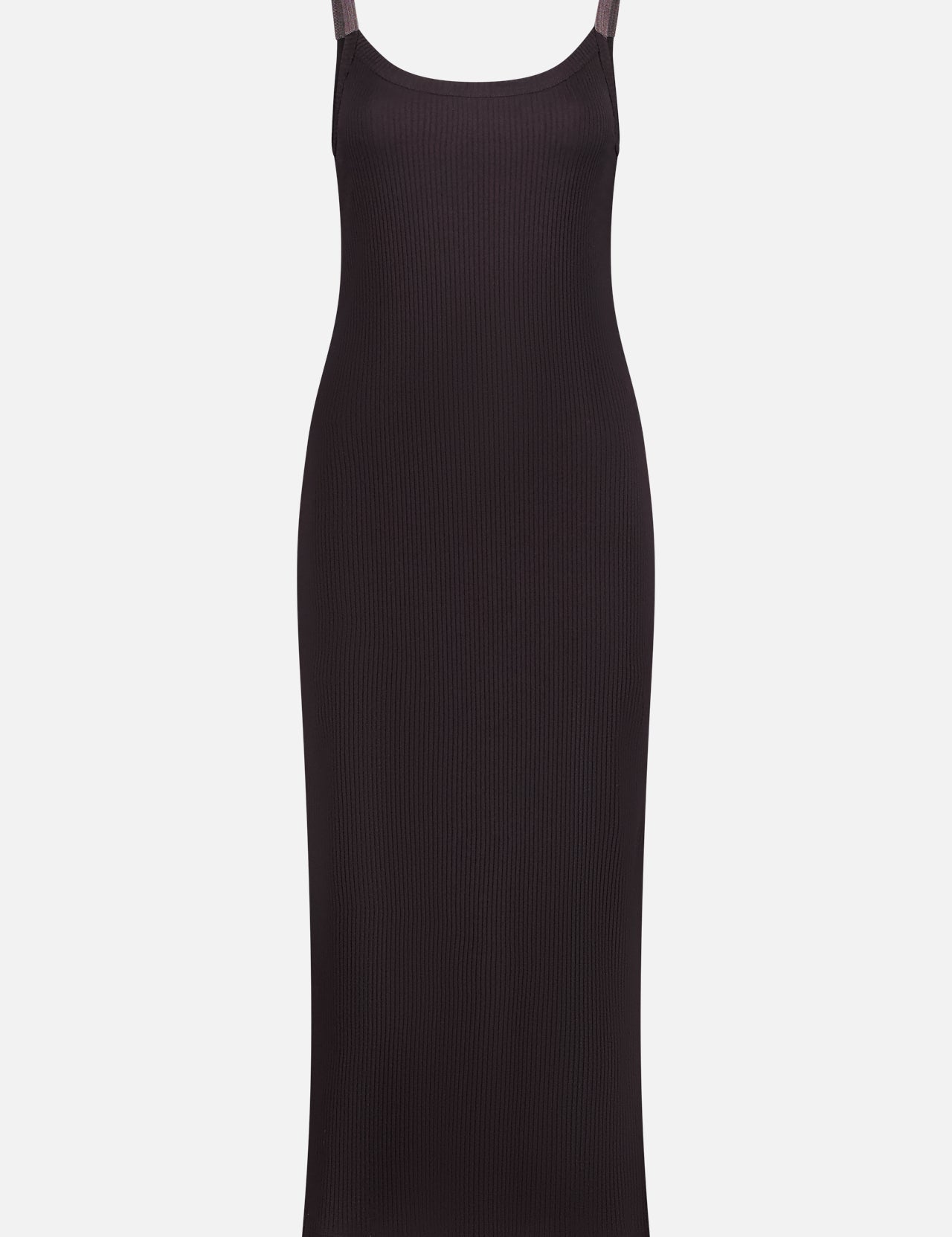 The BRUNELLO CUCINELLI Midi Dress with Monili Straps is a sleeveless, fitted black cotton-blend ribbed knit midi dress with thin sparkling monili straps and a straight neckline, shown on a white background.