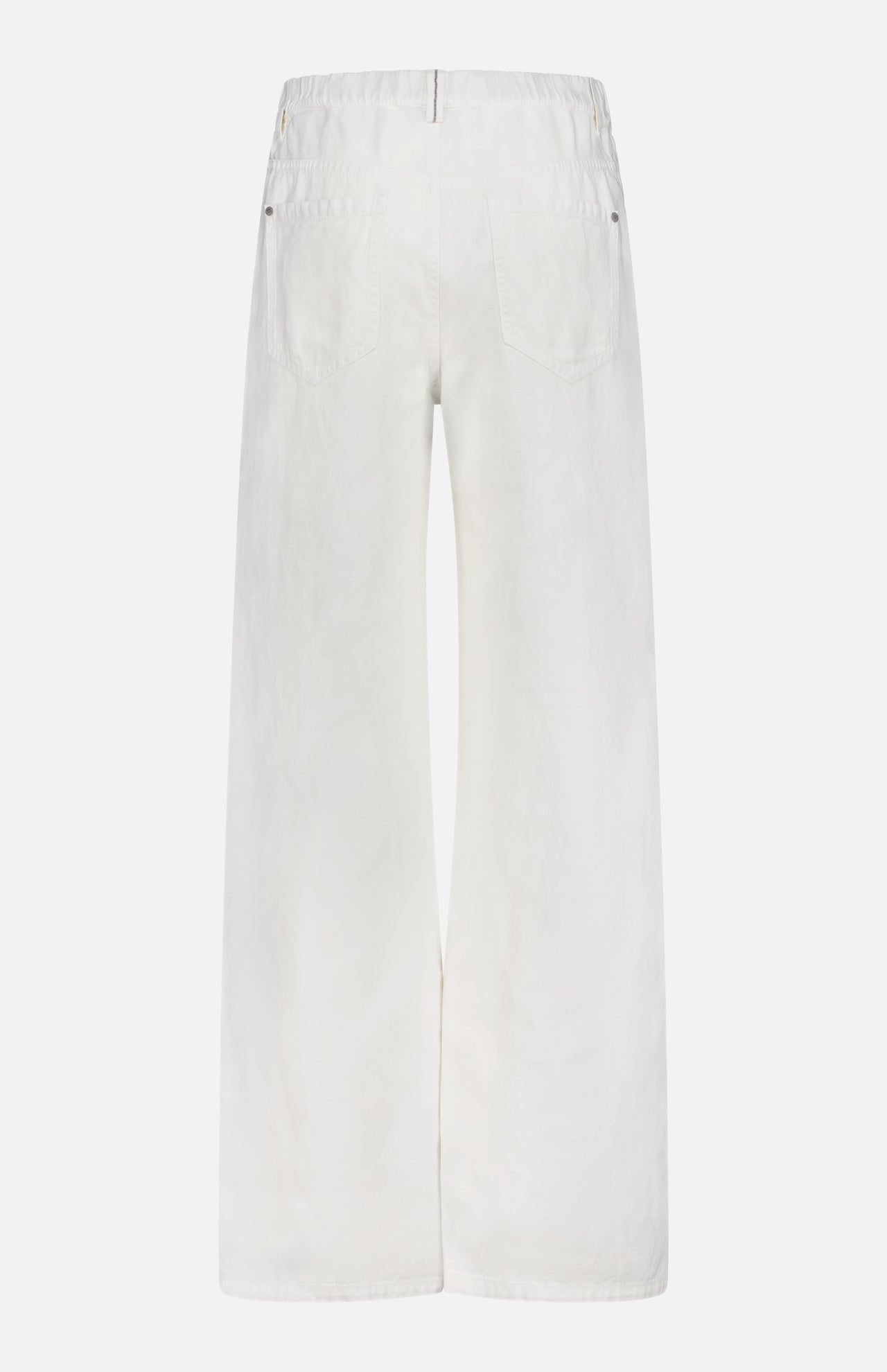 Back view of BRUNELLO CUCINELLI Piece-Dyed Cotton Pull-On Jeans, shown in white with a straight leg, elastic waistband, and two back pockets, displayed against a plain white background.