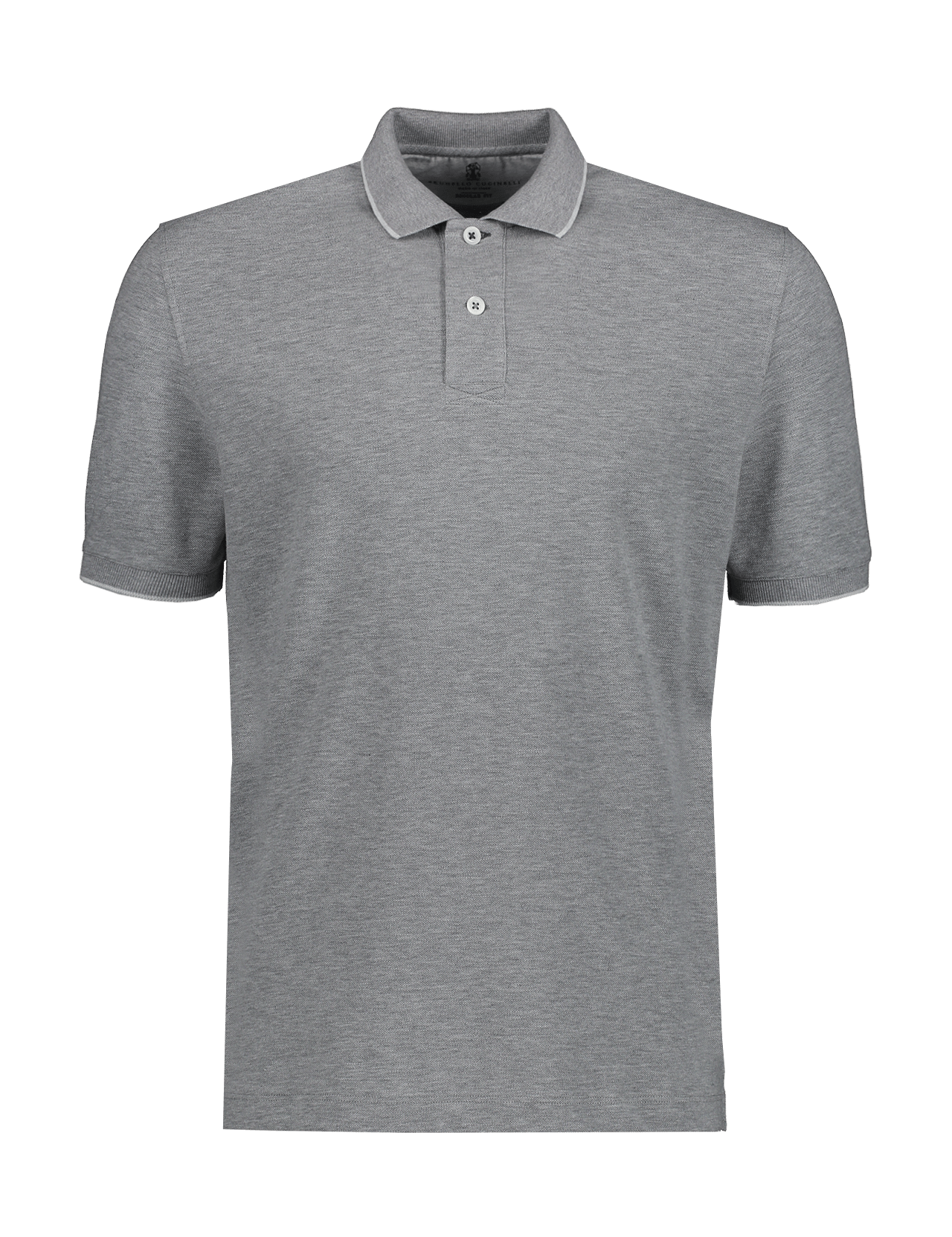 The BRUNELLO CUCINELLI Piquet Without Logo Polo Shirt is a plain grey, 100% cotton short-sleeved polo with a collar and two buttons, shown on a white background.
