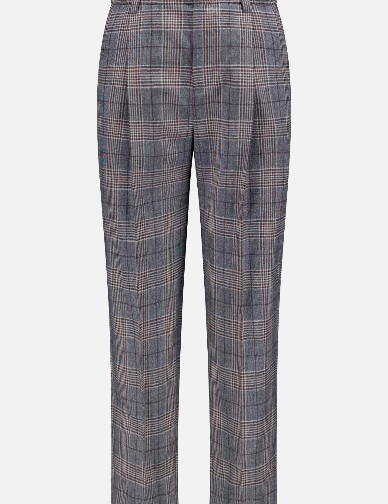 BRUNELLO CUCINELLI Prince Of Wales Wool Pull On Pant featuring a tailored fit, front pleats, belt loops, and straight legs, shown against a plain white background.