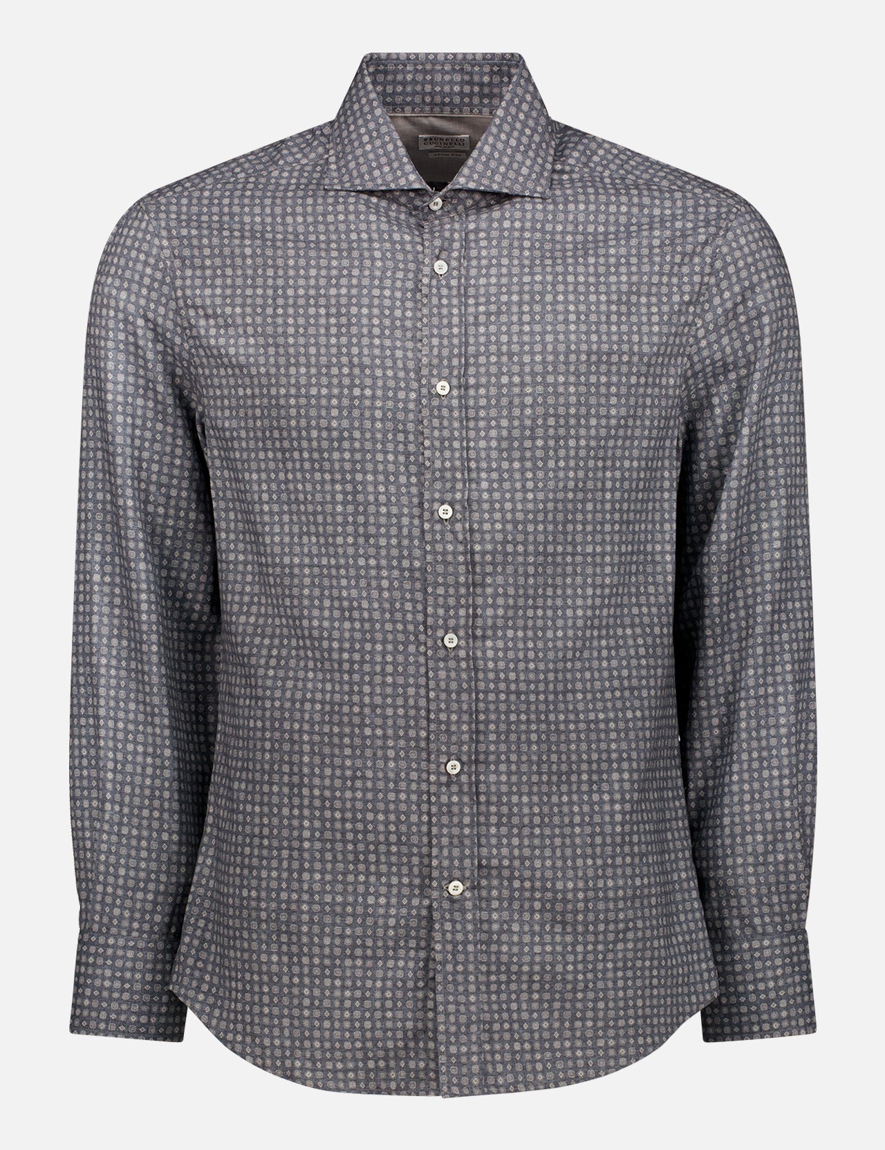 The BRUNELLO CUCINELLI Shirt is a men's long-sleeve button-up with a small repeating gray and white geometric medallion print, shown against a plain white background.