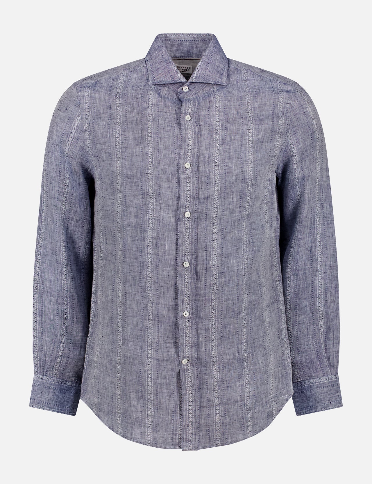 The BRUNELLO CUCINELLI Denim Inspired Pattern Stripe Shirt is a men’s long-sleeve, button-up Italian dress shirt with a collar and curved hem in light blue textured fabric, shown against a plain white background.