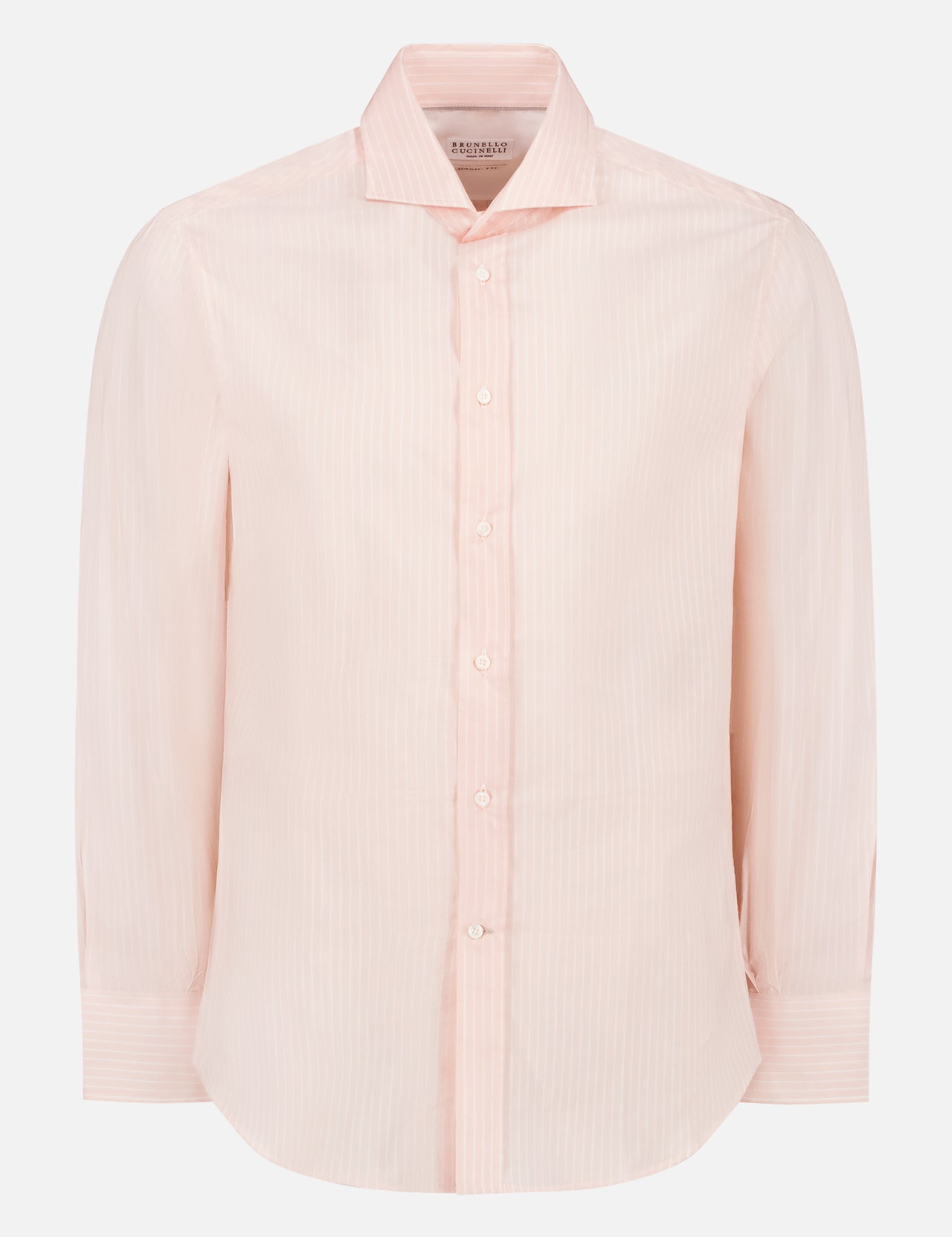 The BRUNELLO CUCINELLI Striped Cotton Shirt, featuring long sleeves, light pink color, subtle vertical stripes, a collar, and white buttons, is shown on a plain white background.