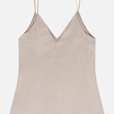 The BRUNELLO CUCINELLI Silk V-Neck Camisole Top features thin spaghetti straps and a beige stretch silk satin finish—an ideal women’s tank top for effortless elegance, shown laid flat on a white background.