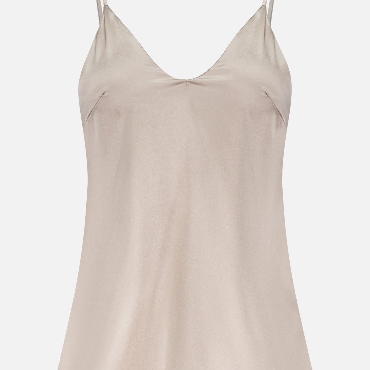 The BRUNELLO CUCINELLI Silk V-Neck Camisole Top is a light beige women’s tank with thin spaghetti straps and a subtle V-neckline, crafted from stretch silk satin and shown against a plain white background.