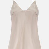 The BRUNELLO CUCINELLI Silk V-Neck Camisole Top is a light beige women’s tank with thin spaghetti straps and a subtle V-neckline, crafted from stretch silk satin and shown against a plain white background.
