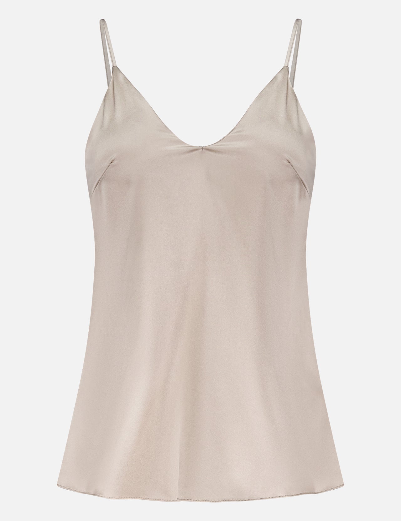 The BRUNELLO CUCINELLI Silk V-Neck Camisole Top is a light beige women’s tank with thin spaghetti straps and a subtle V-neckline, crafted from stretch silk satin and shown against a plain white background.