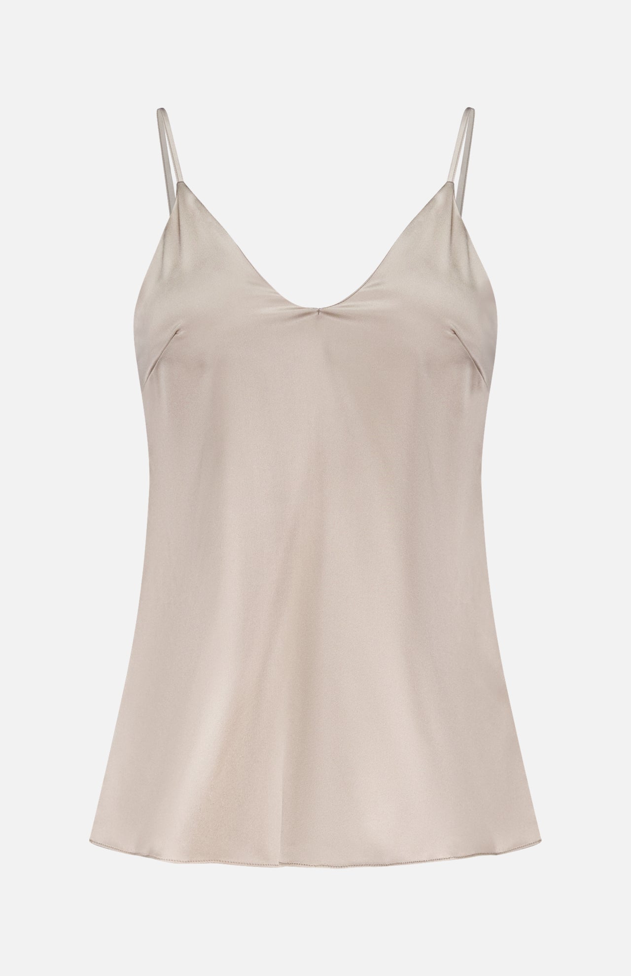The BRUNELLO CUCINELLI Silk V-Neck Camisole Top is a light beige women’s tank with thin spaghetti straps and a subtle V-neckline, crafted from stretch silk satin and shown against a plain white background.