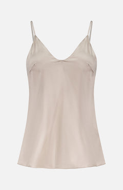 The BRUNELLO CUCINELLI Silk V-Neck Camisole Top is a light beige women’s tank with thin spaghetti straps and a subtle V-neckline, crafted from stretch silk satin and shown against a plain white background.