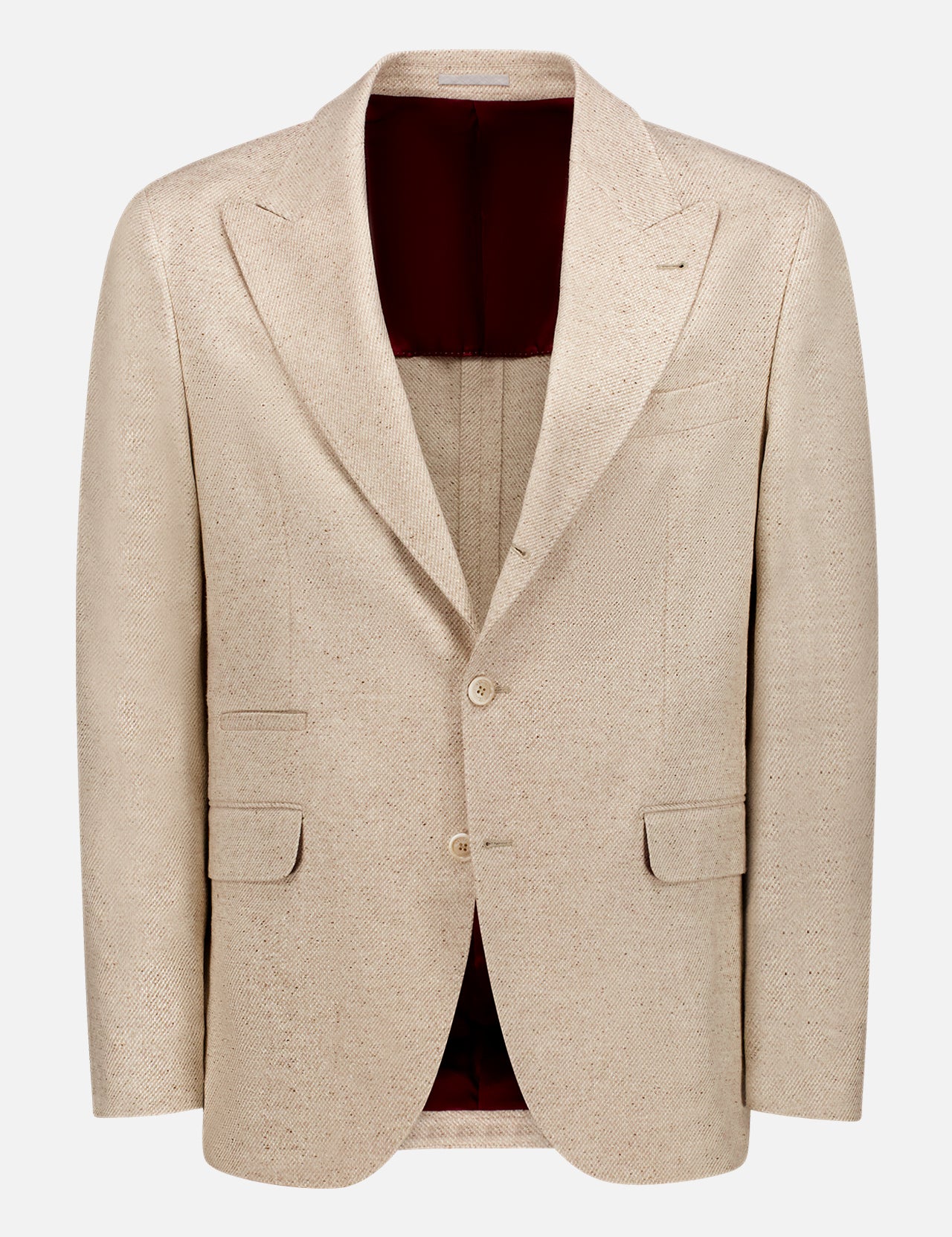 The BRUNELLO CUCINELLI Single Breasted Peak Lapel Jacket, shown on a white background, features beige textured wool-silk-cashmere, peak lapels, two buttons, flap and chest pockets, dark red lining, and is made in Italy.