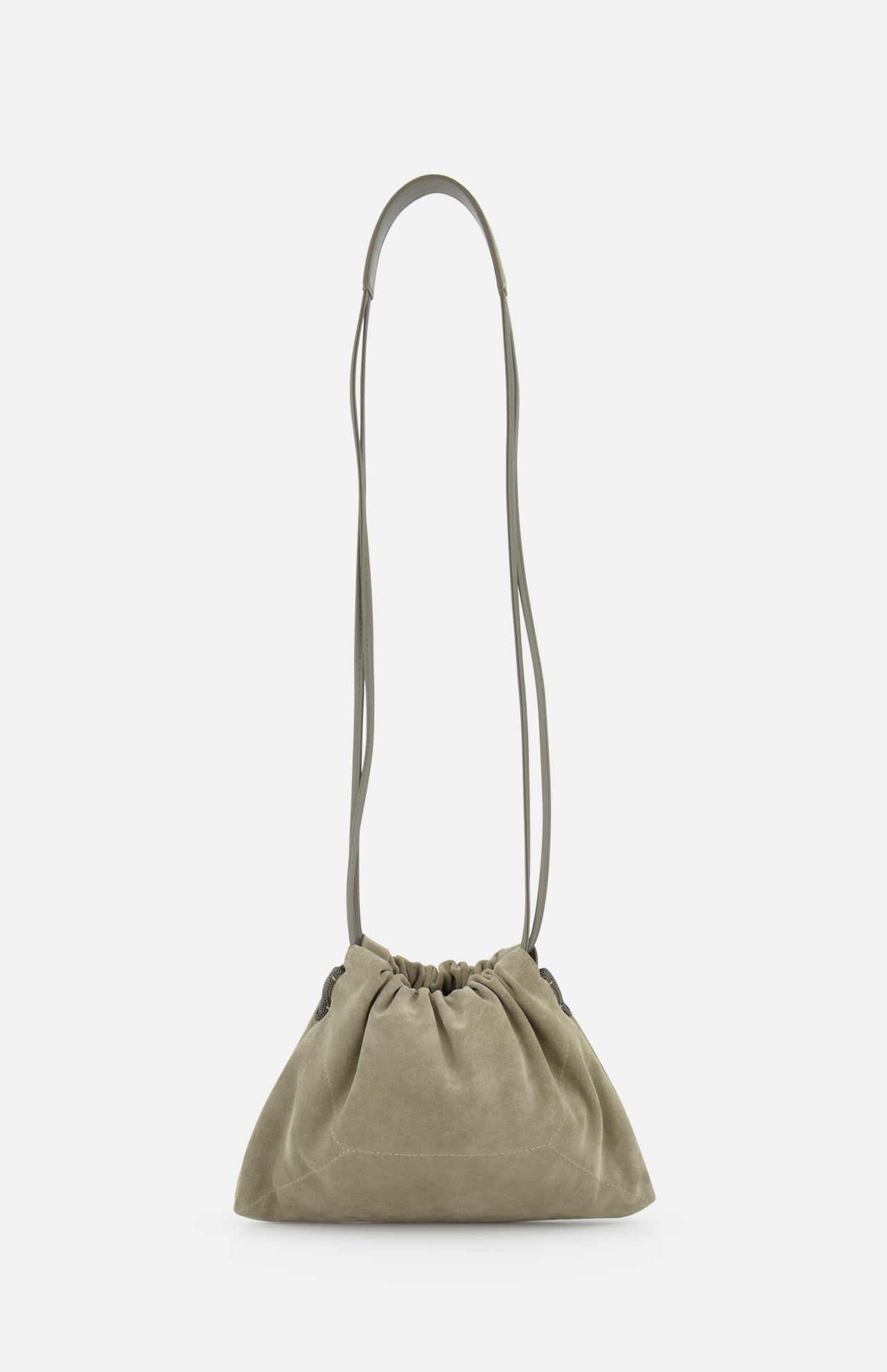 The BRUNELLO CUCINELLI Soft Suede Mini Pouchette Bag features light olive-green suede and leather, a long slender shoulder strap, and is showcased against a plain white background.